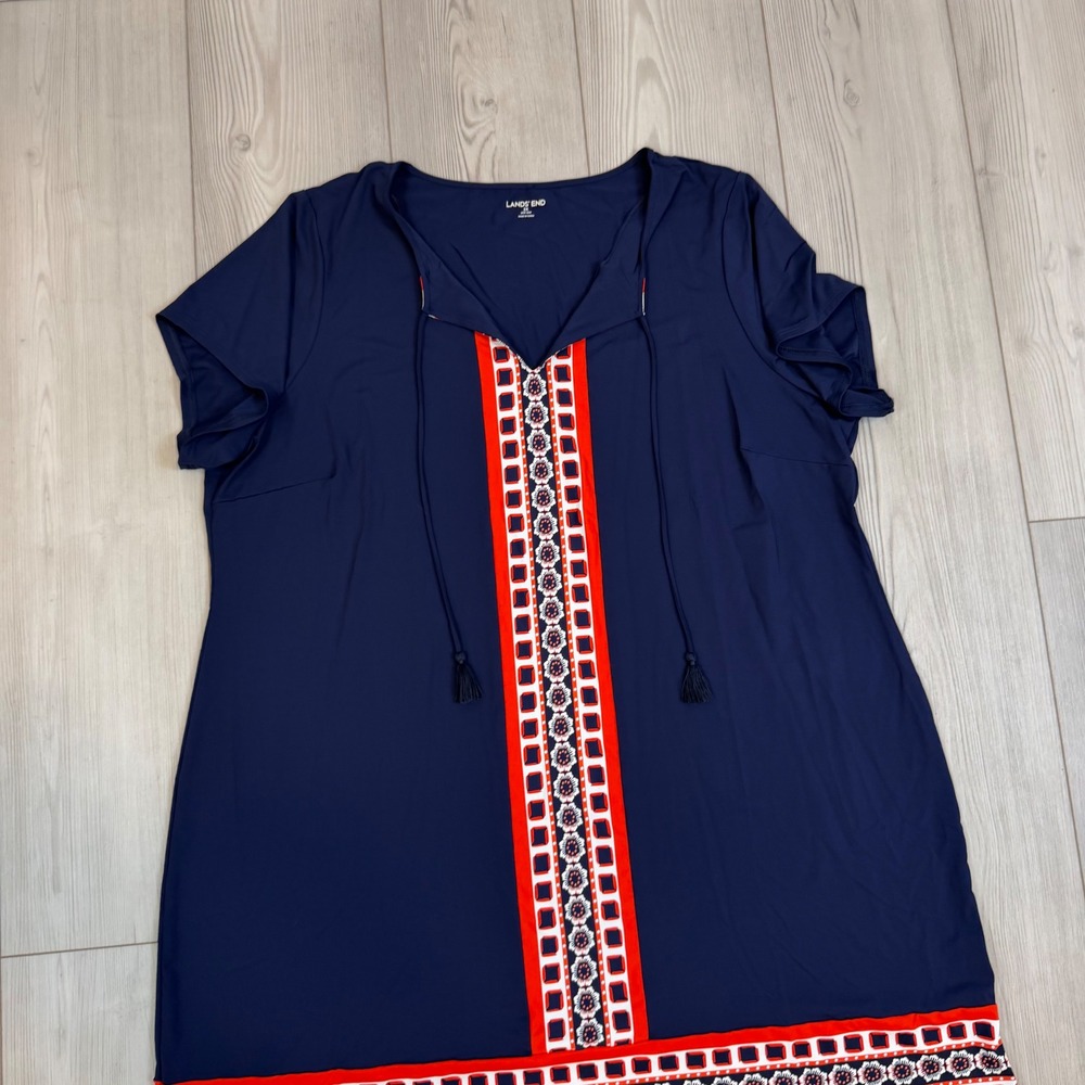 Lands' End Navy Blue Swim Tunic Cover-Up Red Geometric Border Tassels 2X 20W-22W - Picture 2 of 11